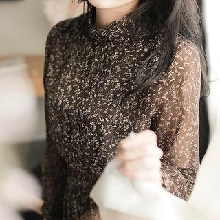 Frill-neck Printed Chiffon Dress