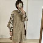 Plaid Lantern-sleeve Shirt / Cable-knit Sleeveless Dress