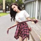 Set: Heart Short-sleeve T-shirt + Plaid A-line Skirt T-shirt - White - One Size / Skirt - Red - One Size