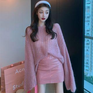 Set : Knit Sweater + High-waist Pu Skirt