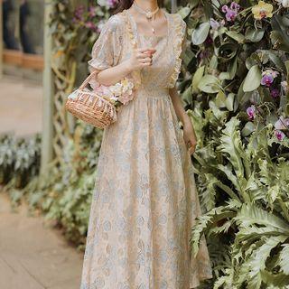 Short-sleeve Floral Lace Frill Trim Midi A-line Dress
