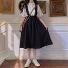 Elbow-sleeve Frill Trim Shirt / Midi A-line Suspender Skirt