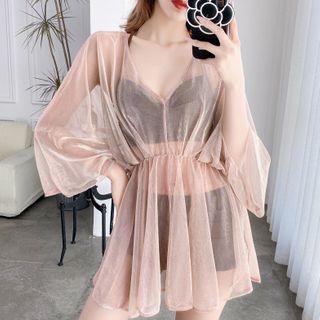 Set: Spaghetti Strap Swim Top + Bottom + Mesh Cover-up