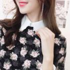 Contrast-collar Lace-trim Floral Blouse