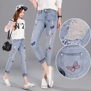 Cropped Butterfly Embroidered Skinny Jeans