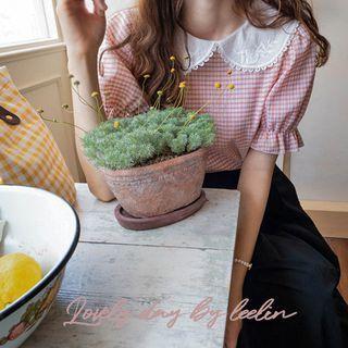 Embroidered Collared Plaid Blouse
