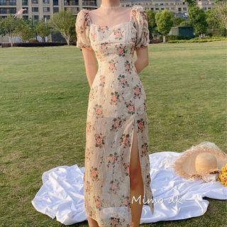 Floral Perforated Puff-sleeve Side-slit Dress