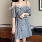 Ruffle Trim Short-sleeve A-line Dress Gray - One Size