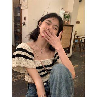 Short-sleeve Striped Knit Crop Top White - One Size