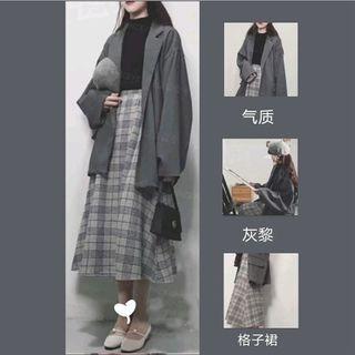 Long Sleeve Knit Top / Oversized Plain Blazer / Plaid A-line Skirt