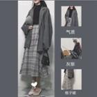 Long Sleeve Knit Top / Oversized Plain Blazer / Plaid A-line Skirt