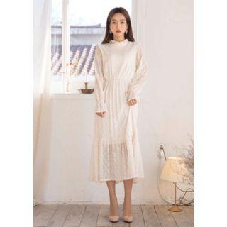 Frilled Neck Lace Gathered Midi Dress