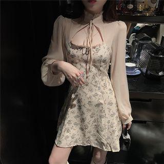 Tie-neck Floral Panel Sheath Dress