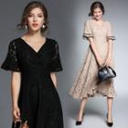 Short-sleeve Tie-waist V-neck Slim Lace Dress