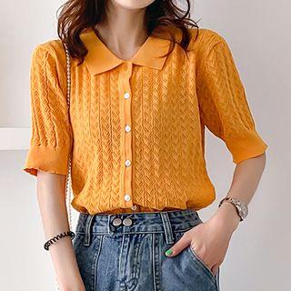 Short-sleeve Collared Knit Top Yellow - One Size