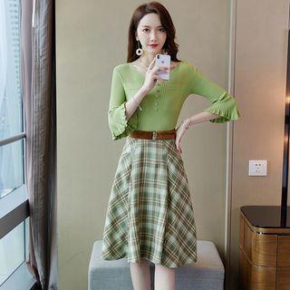 Set: Bell-sleeve Knit Top + Midi A-line Plaid Skirt
