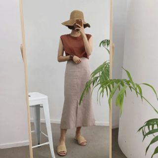 Linen Blend Slit-front Long Skirt
