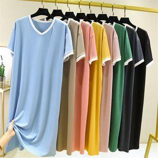 Elbow-sleeve Contrast Trim Midi Sleep Dress