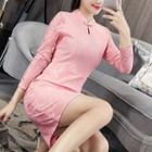 3/4-sleeve Frog-button Mini A-line Lace Dress