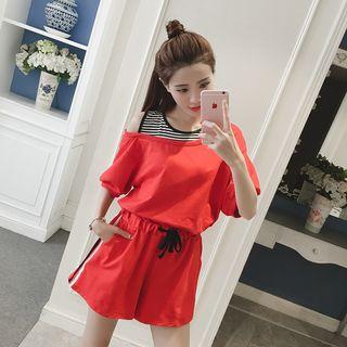 Set: Mock Two Piece Striped Panel Elbow Sleeve Top + Drawstring Shorts