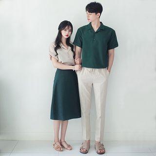 Couple Matching Short-sleeve Plain Polo Shirt / Midi A-line Skirt / Straight Leg Pants