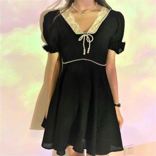 Short-sleeve Lace Trim A-line Mini Dress As Shown In Figure - One Size