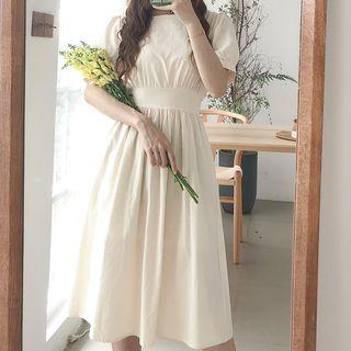 Plain Linen Square-neck Short-sleeve Dress