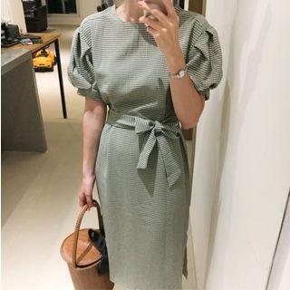 Side Slit Plaid Short-sleeve Sheath Dress