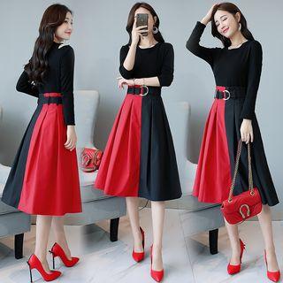 Long-sleeve Cut-out Color Block A-line Dress