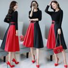Long-sleeve Cut-out Color Block A-line Dress