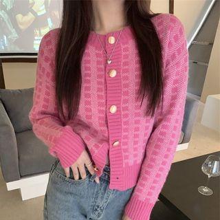 Crew Neck Plaid Cropped Cardigan Pink - One Size