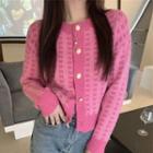 Crew Neck Plaid Cropped Cardigan Pink - One Size