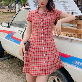 Short-sleeve Buttoned Plaid A-line Mini Dress