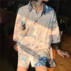 Elbow-sleeve Map Print Shirt Blue & White - One Size