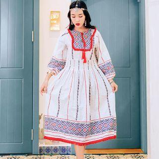 Patterned Balloon-sleeve Midi A-line Dress