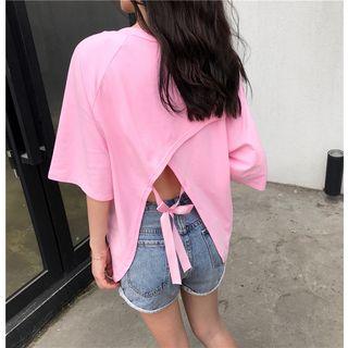 Elbow-sleeve Ribbon-back Top