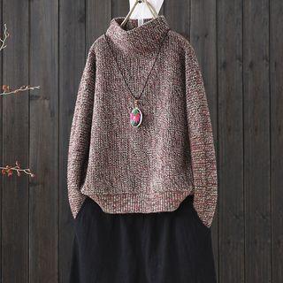 Melange Turtleneck Long-sleeve Knit Top