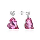 925 Sterling Silver Fashion Romantic Heart Earrings With Rose Red Austrian Element Crystal Silver - One Size