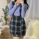 Long-sleeve Top / Plaid Mini A-line Suspender Skirt