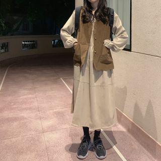 Corduroy Buttoned Vest / Long-sleeve Midi A-line Dress