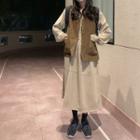 Corduroy Buttoned Vest / Long-sleeve Midi A-line Dress