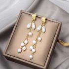 Faux Pearl Fringed Earring E3075-1 - 1 Pair - Gold & White - One Size