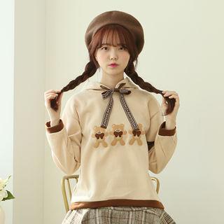 Bear-appliqu  Beribboned Hoodie Beige - One Size