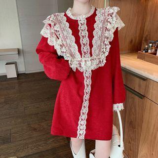 Long-sleeve Lace Trim Corduroy Mini A-line Dress Wine Red - One Size
