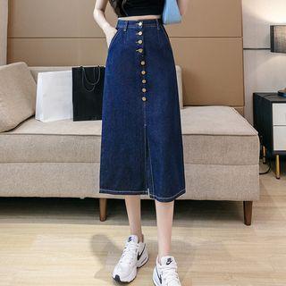 High-waist Single-breasted Slit Denim Skirt