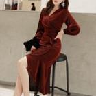 Long-sleeve Velvet Dip-back Midi Sheath Dress