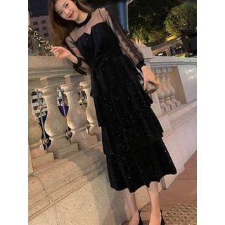 Long-sleeve Mesh Panel Tiered Midi A-line Dress