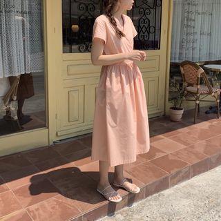 Tie Waist Short-sleeve Midi A-line Dress Orange Pink - One Size