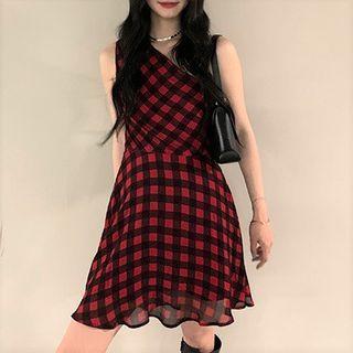 One-shoulder Gingham Mini A-line Dress / Midi A-line Dress