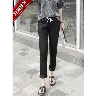 Drawstring-waist Distressed Tapered Pants